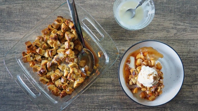 pan and bowl with apple cobbler