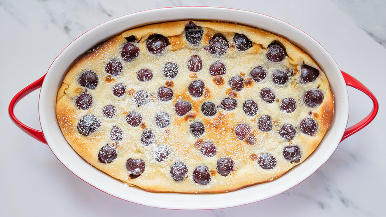 casserole pan with cherry clafoutis