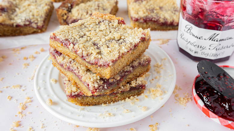 stack of fresh baked raspberry bars