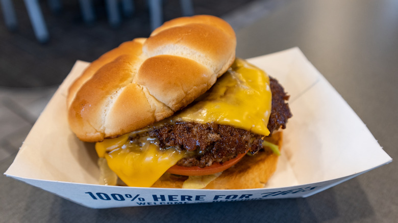 Closeup of Culver's ButterBurger with cheese in tray