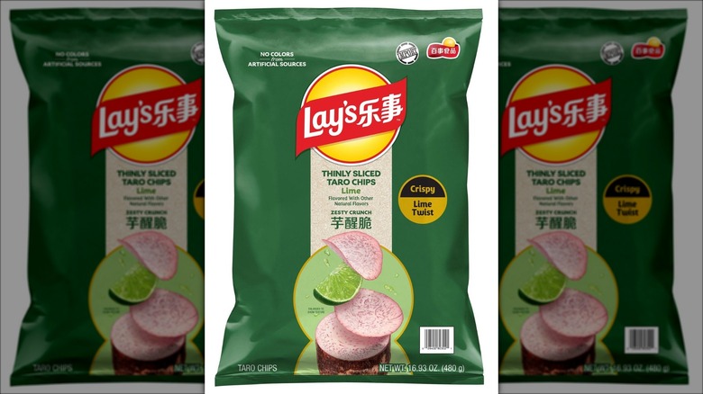 Bag of thin-sliced taro chips flavored with lime.