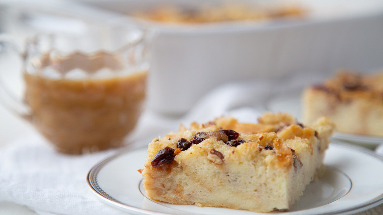 Bread pudding on white plate