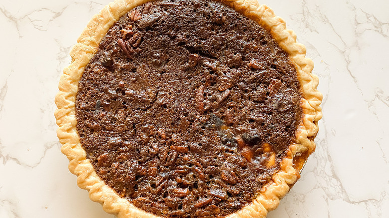 Chocolate pecan pie on countertop