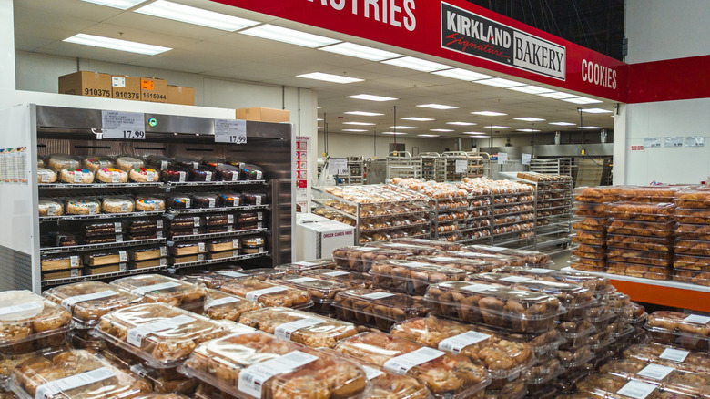 Costco bakery with dozens of pastries piled up in rows