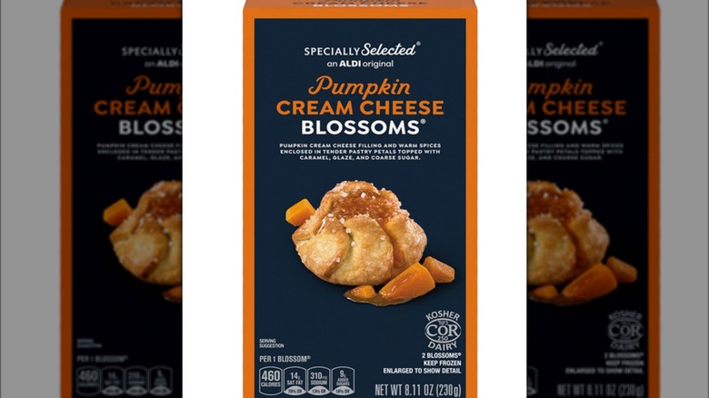 Box of Aldi's Specially Selected pumpkin cream cheese blossoms