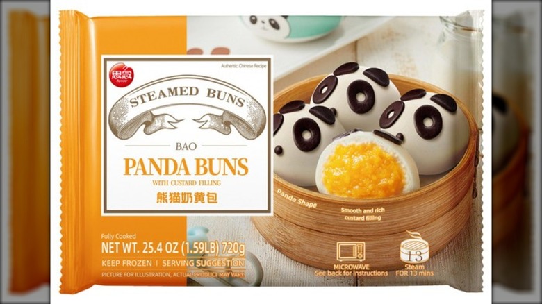 Package of panda bear shaped steamed buns with custard filling.