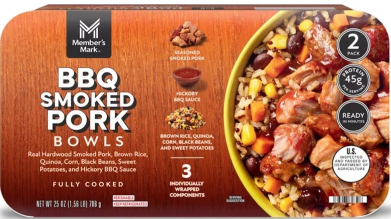 A 2-pack of Member's Mark BBQ smoked pork bowls with rice, sweet potatoes, and other ingredients.