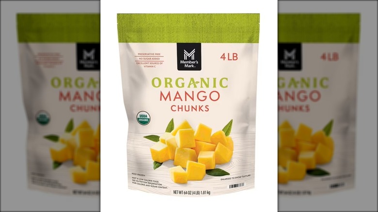 Package of diced mango chunks.