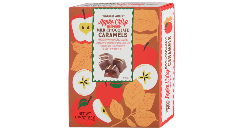 Box of milk chocolate caramels with apple cinnamon flavoring from Trader Joe's on a white background.