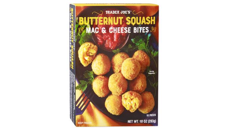 A package of Trader Joe's butternut squash mac and cheese bites on a white background.