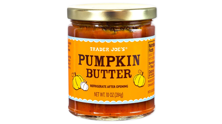 A jar of Trader Joe's pumpkin butter on a white background.