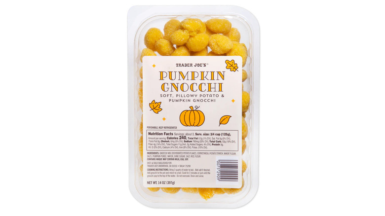 Container of Trader Joe's pumpkin gnocchi on a white background.