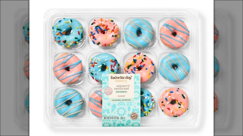 Package of brightly-colored mini donuts.