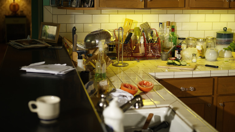 Cluttered kitchen counter