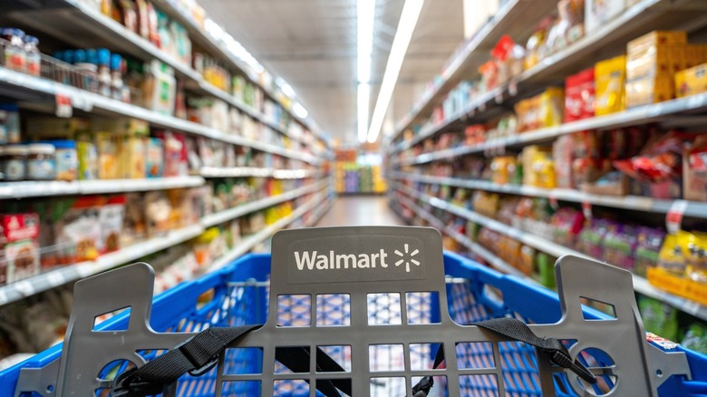 Walmart cart in a grocery aisle