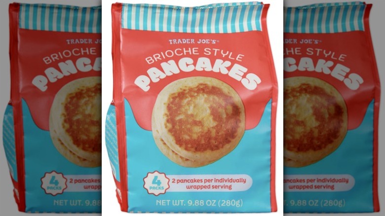 Package of Trader Joe's Brioche-Style Pancakes against white background.