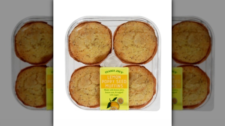 Package of Trader Joe's Lemon Poppy Seed Muffins against white background.