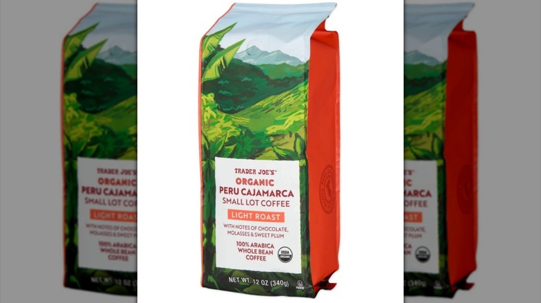 Bag of Trader Joe's Organic Peru Cajamarca Small Lot Coffee against white background.