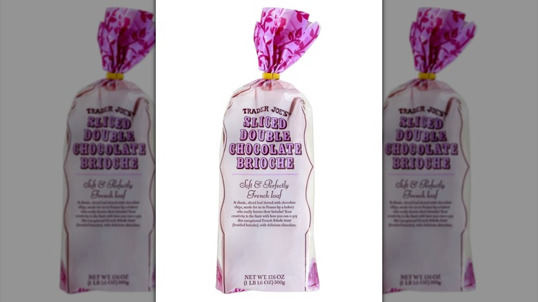 Package of Trader Joe's Sliced Double Chocolate Brioche against white background.