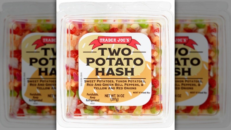 Package of Trader Joe's Two-Potato Hash against white background.
