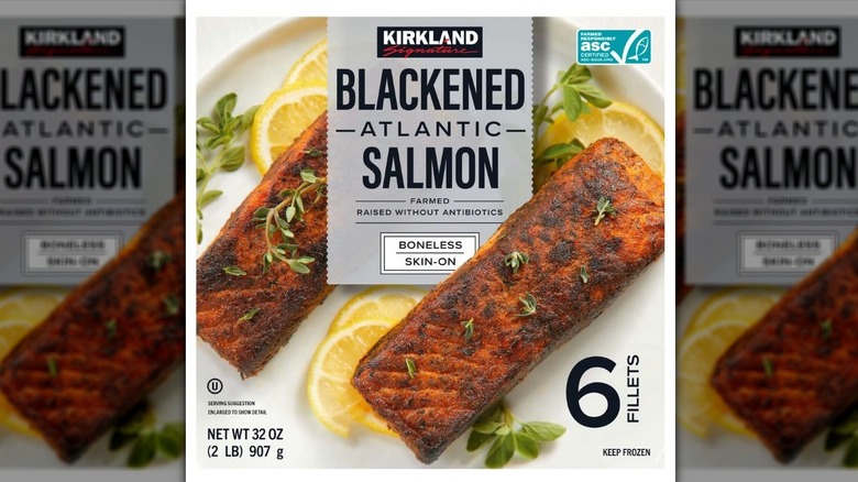 Box of frozen Kirkland Signature Blackened Atlantic Salmon