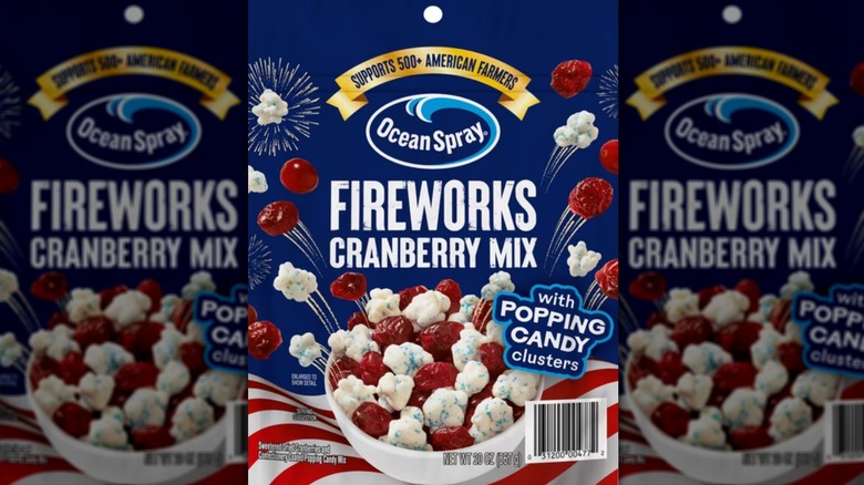 Bag of Ocean Spray fireworks cranberry mix snack featuring popping candy clusters