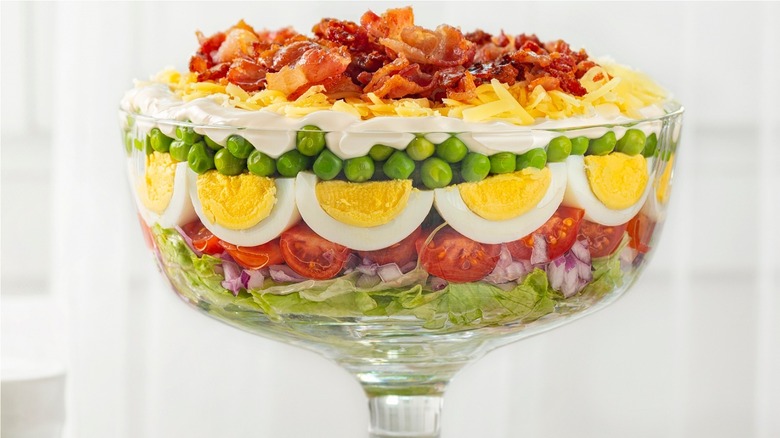 seven-layer salad in trifle dish