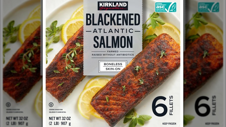 Box of frozen blackened Atlantic salmon fillets.