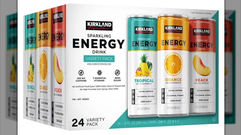 Case containing three flavors of sparkling energy drink: tropical, orange, and peach.