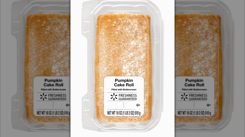 Packaged pumpkin cake roll.