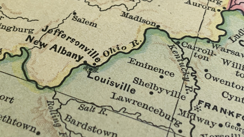 Closeup of a political map of border between Indiana and Kentucky showing cities like New Albany and Louisville