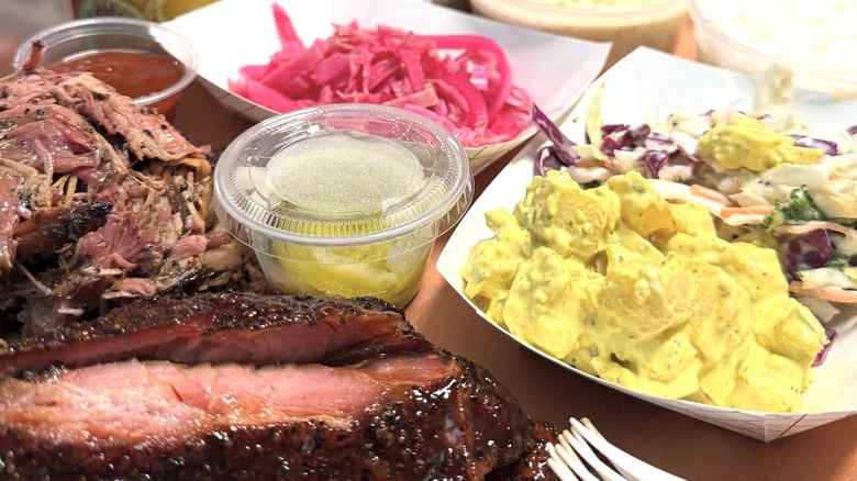 A close up shot of various barbecued meats
