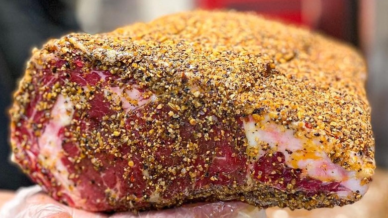 Someone holding a slab of seasoned raw meat before cooking