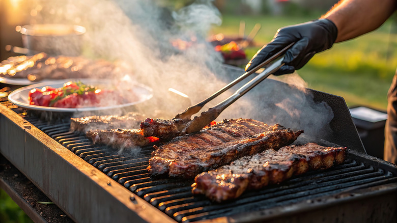A variety of meats on the grill