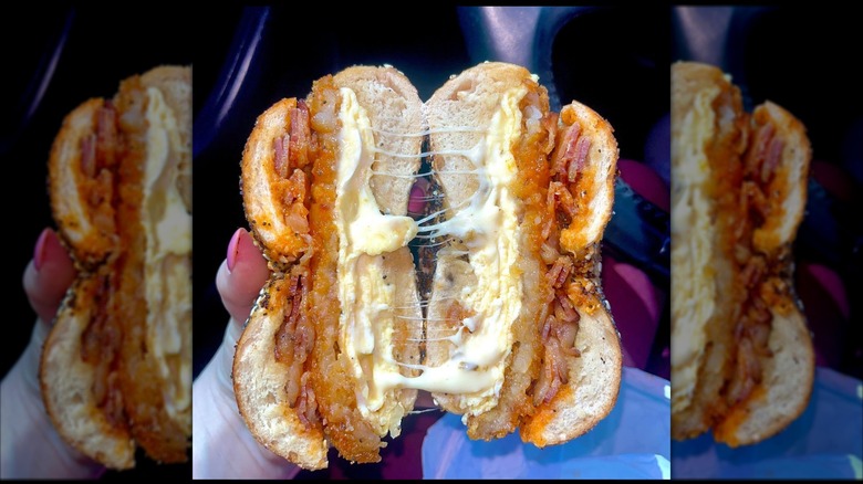 The spicy sandwich split in half