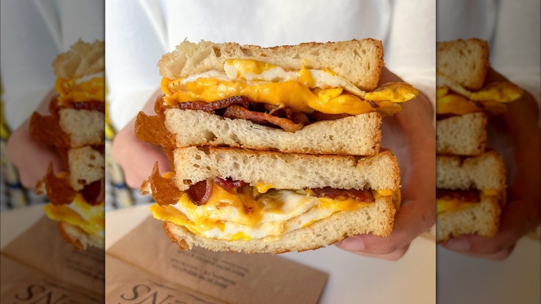 breakfast sandwich split in two