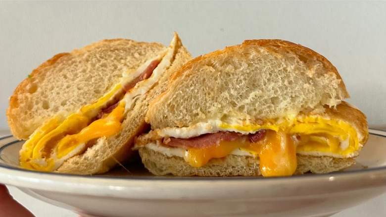 Breakfast sandwich split in two