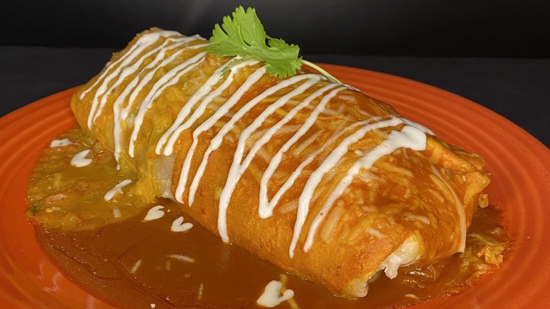 Large burrito on red plate with sauce and garnish