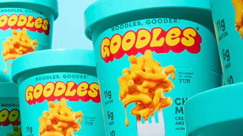 close-up of many Goodles Cheddy Mac cups