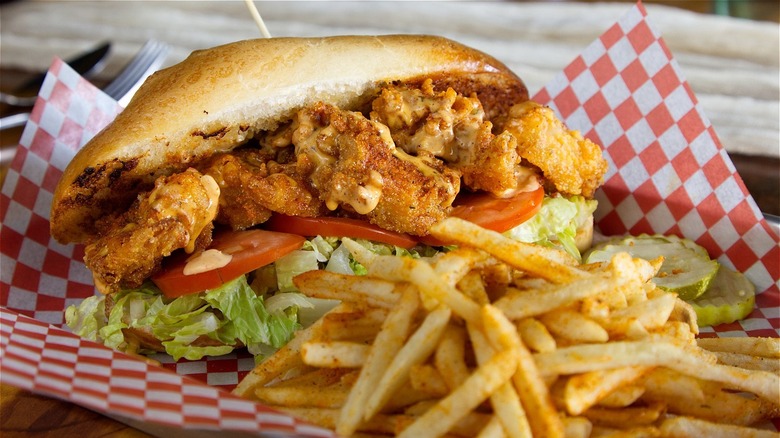 Fried oyster po'boy and fries