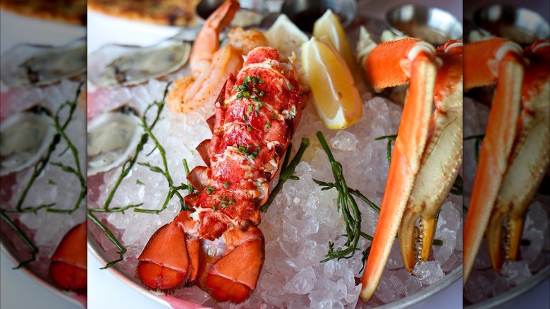 a lobster tail, shrimp, oysters, and crab legs on ice with lemon