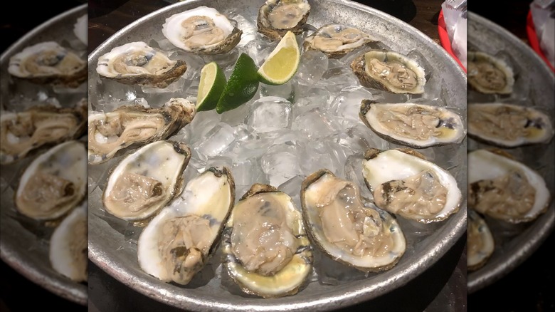 Oysters on ice with lime wedges