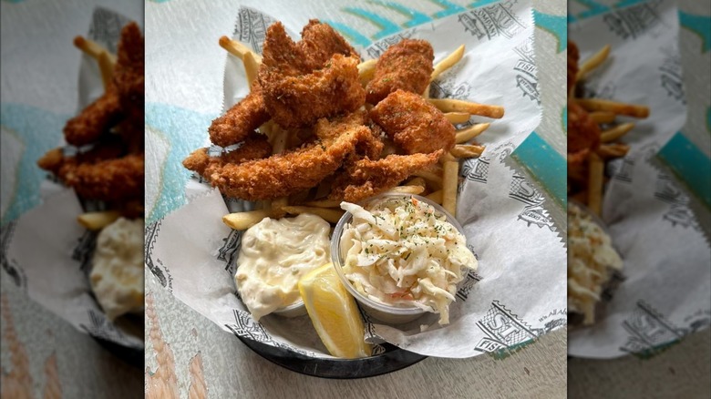 halibut fish fry with fries and coleslaw at St Paul Fish Company