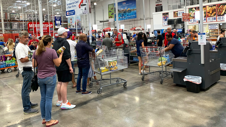 A busy Costco checkout area.