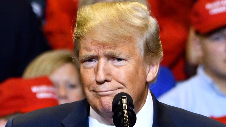 Donald Trump smirking over microphone