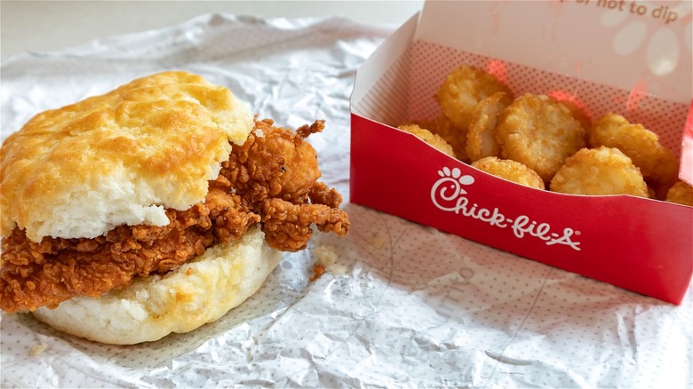 Chick-fil-A chicken biscuit and hashbrowns