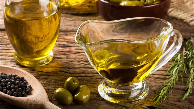 olive oil in glass pitcher