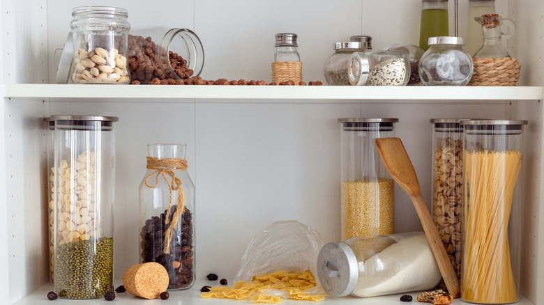 Cluttered kitchen shelves