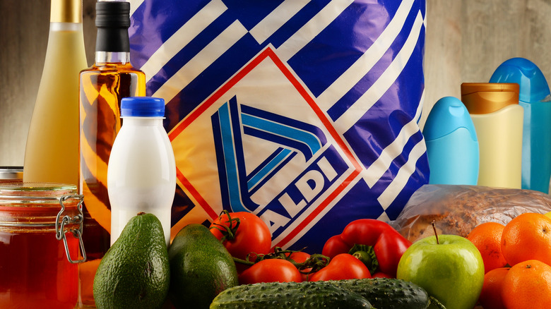 Aldi bag surrounded by groceries