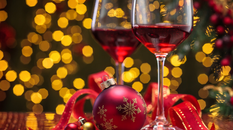 red wine and holiday decorations